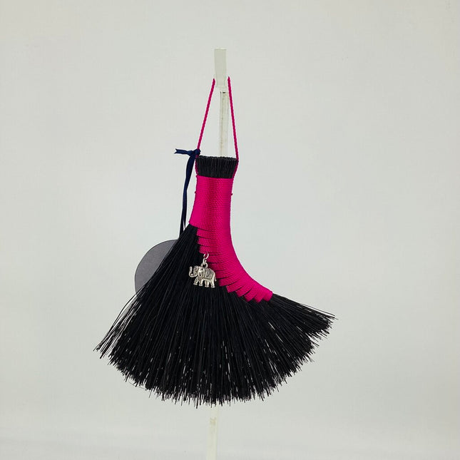 Turkey Wing Altar Broom, magenta on black Tampico with elephant charm, LACT699