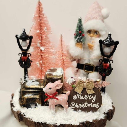 Shelf sitter- 7" wood slice "Merry Christmas" brown truck, pink decor