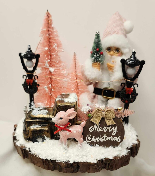 Shelf sitter- 7" wood slice "Merry Christmas" brown truck, pink decor