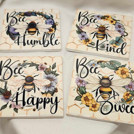 4 pack coaster set- Bee kind. Bee humble. Bee happy. Bee sweet.