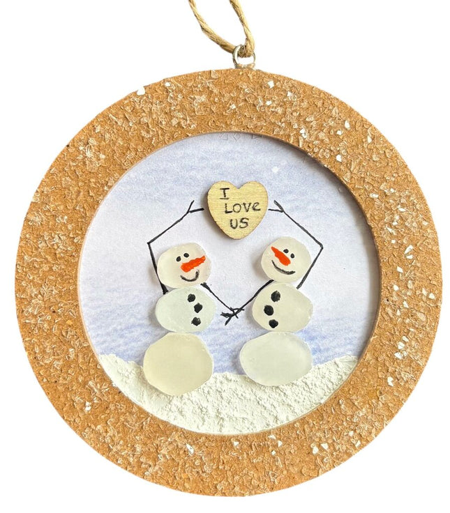Ornament, 2 snowmen, holding heart, i love us