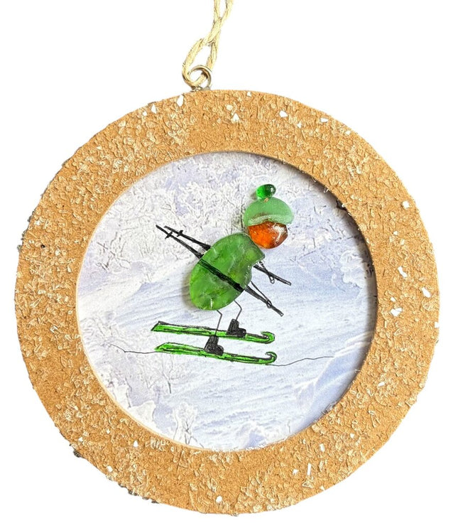 Ornament, sea glass skier, with green hat