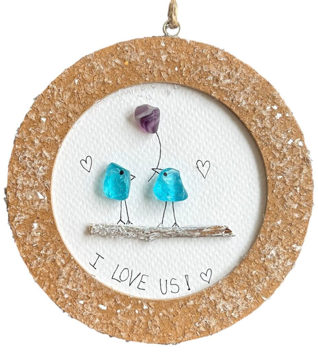 Ornament, 2 glass birds holding purple flower