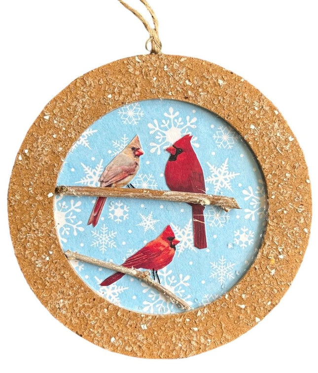 Ornament, 3 paper cardinals, attached branch