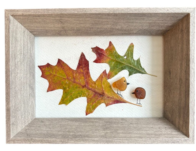 real fall leaves, 2 glass birds