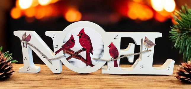 Noel word Plaque with Cardinals and branches