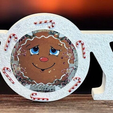 Joy word Plaque with Gingerbread face, candy canes
