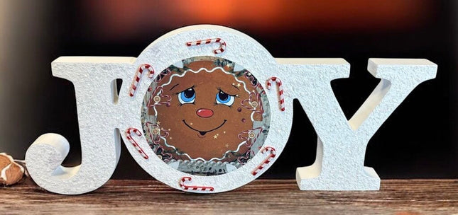 Joy word Plaque with Gingerbread face, candy canes
