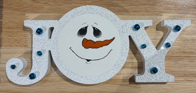 Joy word Plaque, hand painted snowman face, blue bells