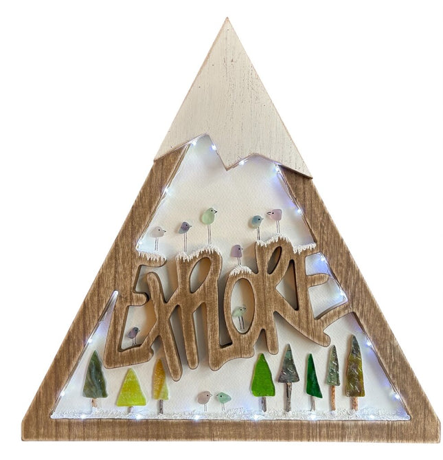 Light up triangle frame, Explore, 8 glass trees and 8 glass birds