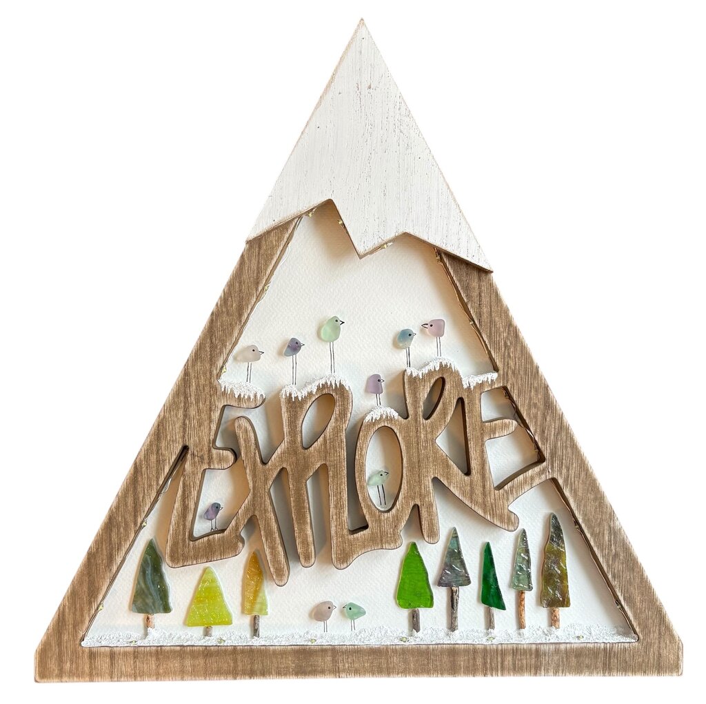 Light up triangle frame, Explore, 8 glass trees and 8 glass birds