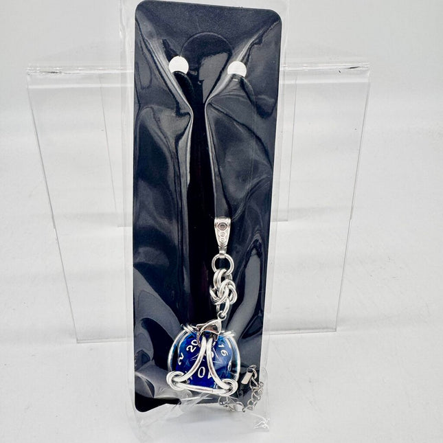 Caged D20 Necklace - Translucent Blue, 20 inch Black Cord