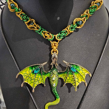 Green Gold Byzantine and Captured Green Bead Necklace with Green Dragon