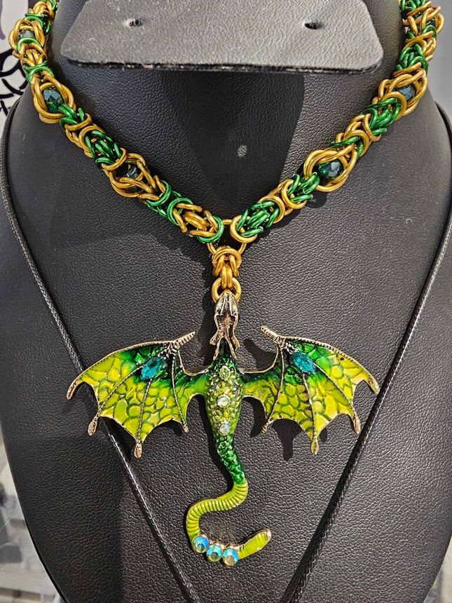 Green Gold Byzantine and Captured Green Bead Necklace with Green Dragon