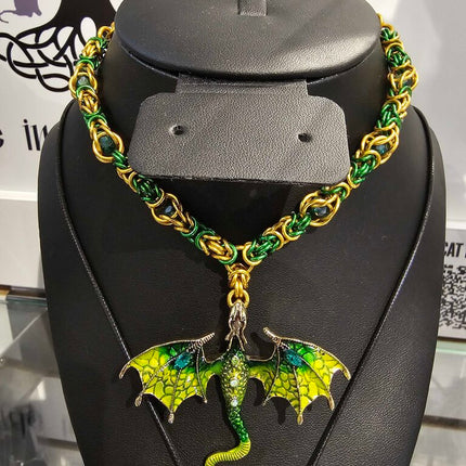 Green Gold Byzantine and Captured Green Bead Necklace with Green Dragon