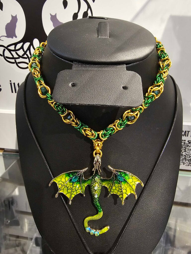 Green Gold Byzantine and Captured Green Bead Necklace with Green Dragon