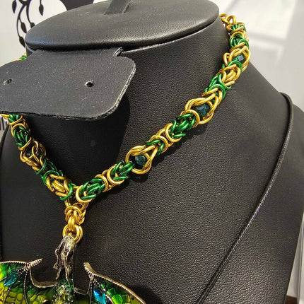 Green Gold Byzantine and Captured Green Bead Necklace with Green Dragon