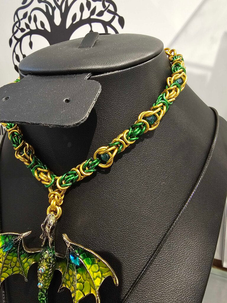 Green Gold Byzantine and Captured Green Bead Necklace with Green Dragon