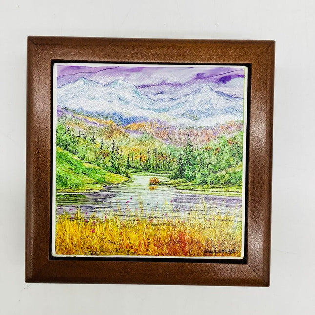 5x5 Walnut Box- w/4x4 Tile- Mtns/winter/fall