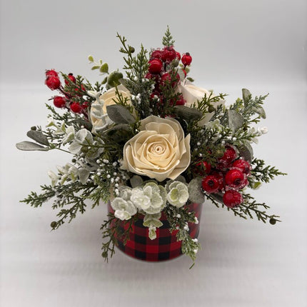 Plaid Tin Filled with Greenery and Sola Wood Flowers