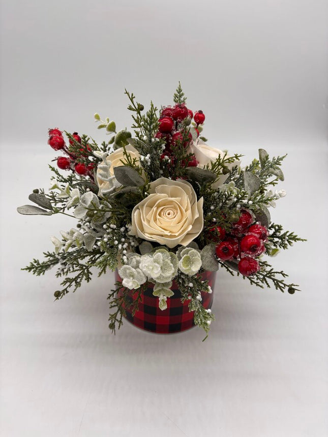 Plaid Tin Filled with Greenery and Sola Wood Flowers
