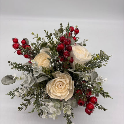 Plaid Tin Filled with Greenery and Sola Wood Flowers