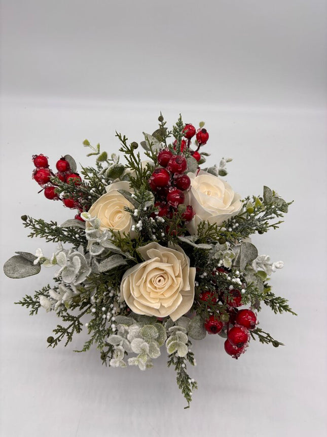 Plaid Tin Filled with Greenery and Sola Wood Flowers