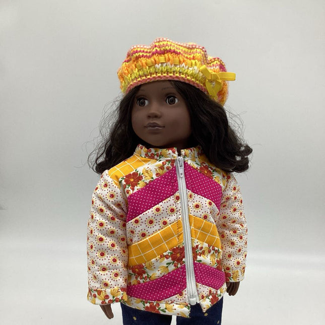 Quilted jacket in yellow and orange with beret