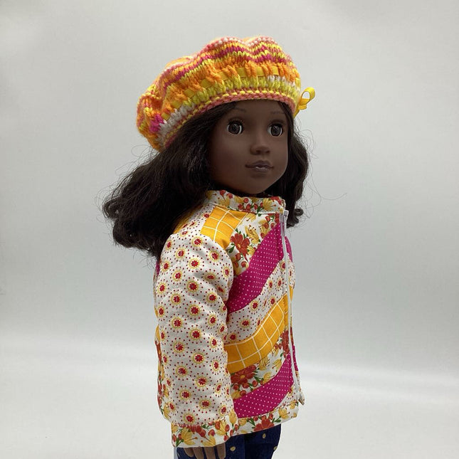 Quilted jacket in yellow and orange with beret