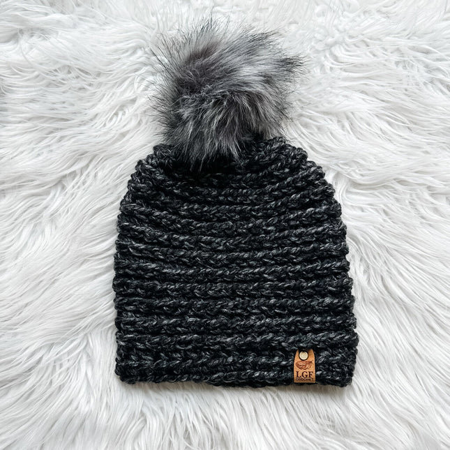 Crochet Pom Beanie in Charcoal