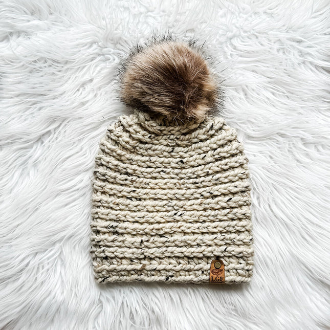 Crochet Pom Beanie in Oatmeal