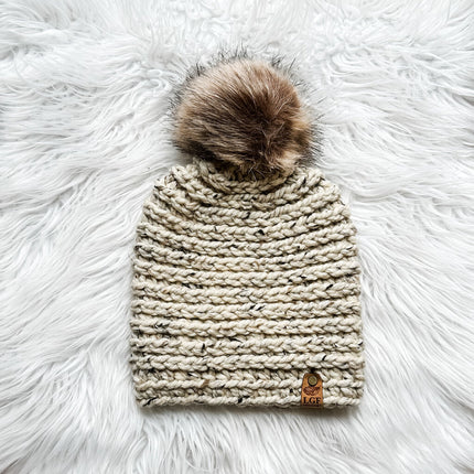 Crochet Pom Beanie in Oatmeal