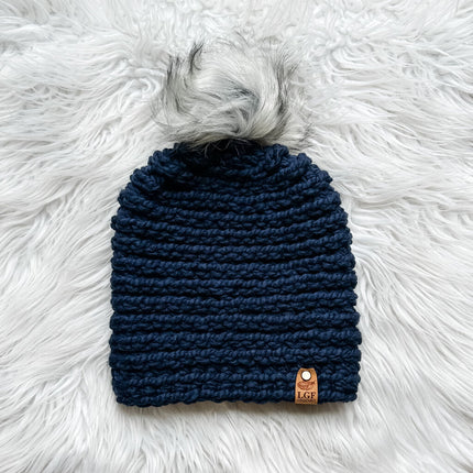 Crochet Pom Beanie in Navy