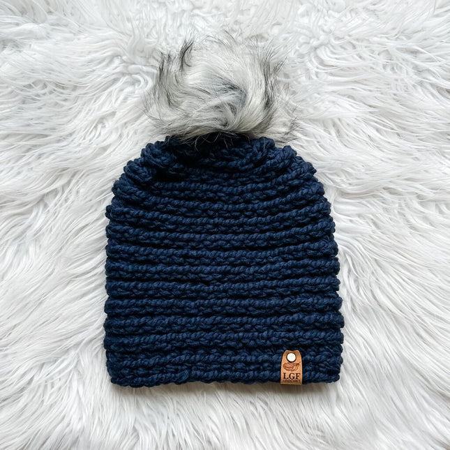 Crochet Pom Beanie in Navy