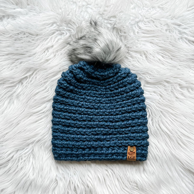 Crochet Pom Beanie in Dusty Blue