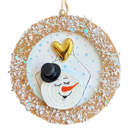 ornament, snowman holding gold heart