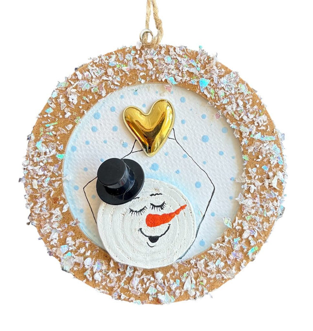 ornament, snowman holding gold heart