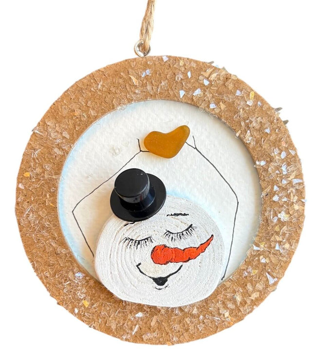 ornament, snowman holding brown sea Glass heart