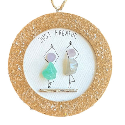 ornament, just breath yoga, teal and purple sea glass