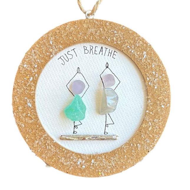 ornament, just breath yoga, teal and purple sea glass