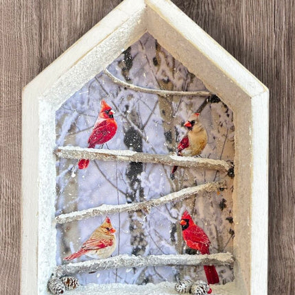 wood house, snow scene, 4 cardnails, 4 branches