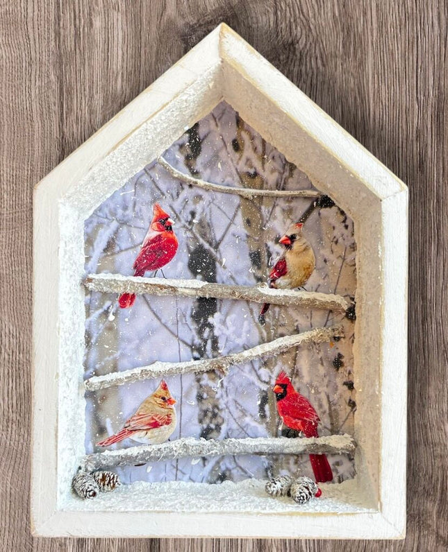 wood house, snow scene, 4 cardnails, 4 branches