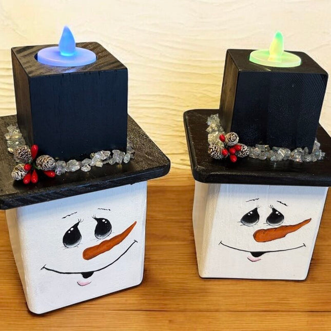 wood block snowman with color changing candle