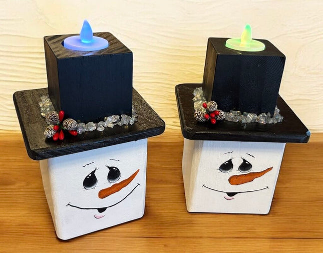 wood block snowman with color changing candle
