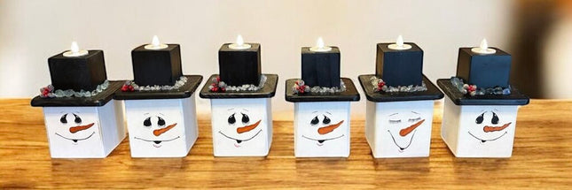 wood block snowman with color changing candle