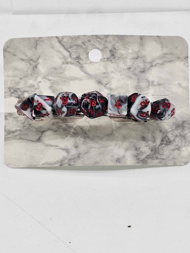 Mini Dice Barrette with Black and White Marble Dice with Red numbers