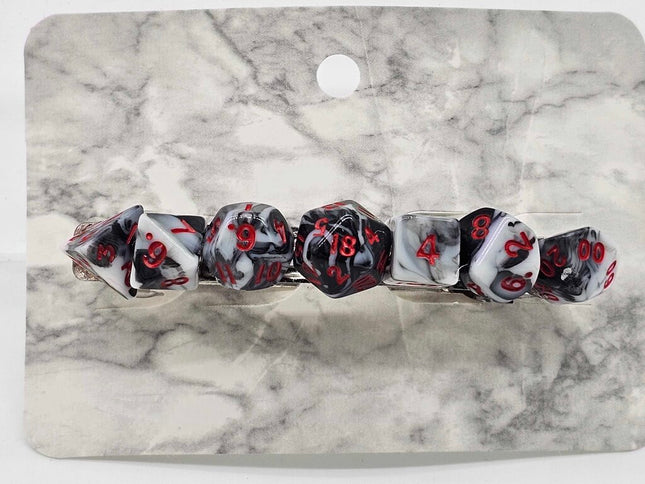 Mini Dice Barrette with Black and White Marble Dice with Red numbers