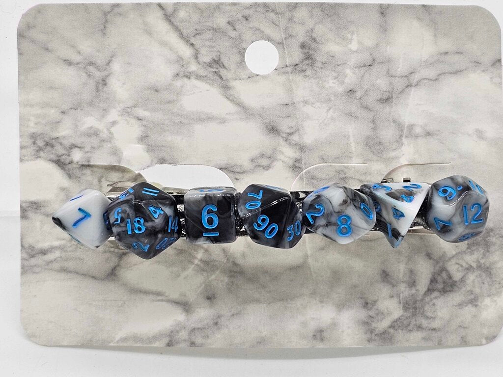 Mini Dice Barrette with Black and White Marble Dice with Blue numbers