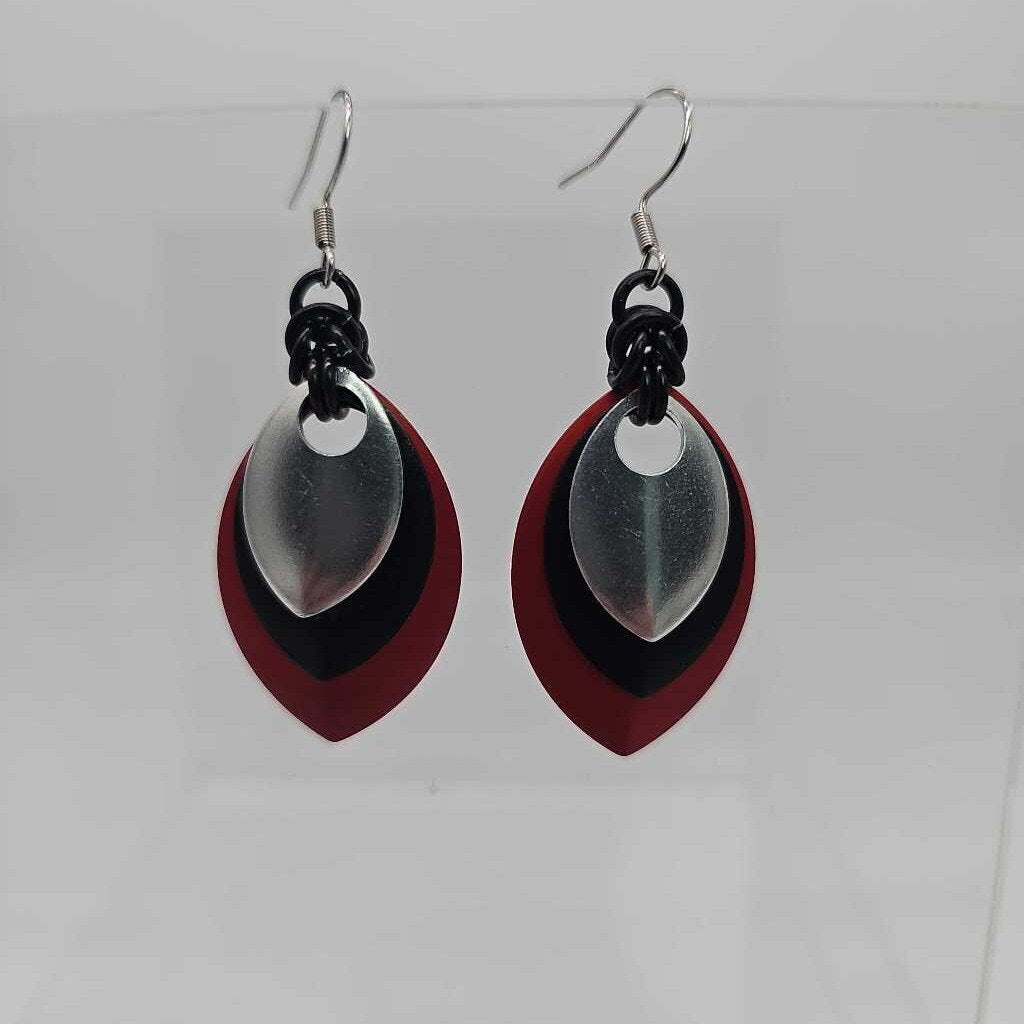 Red, Black, Silver Scale Earrings