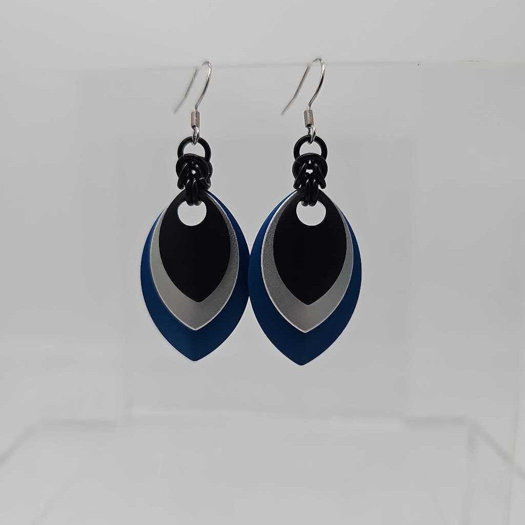 Blue, silver, black scale earrings